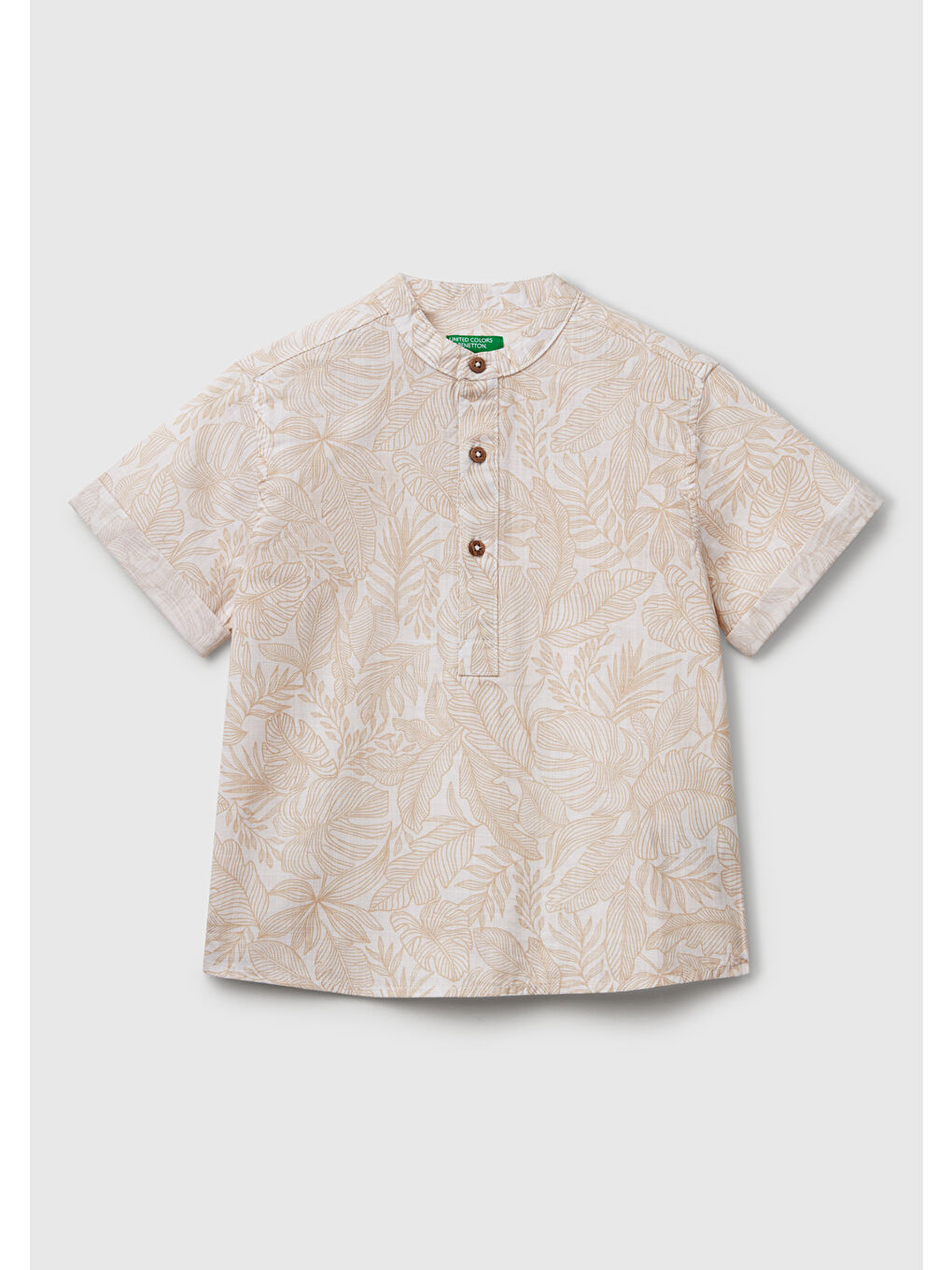 Erkek Çocuk Ekru Keten Karışımlı Tamamı Desenli Önü Düğme Detaylı Hakim Yaka Gömlek