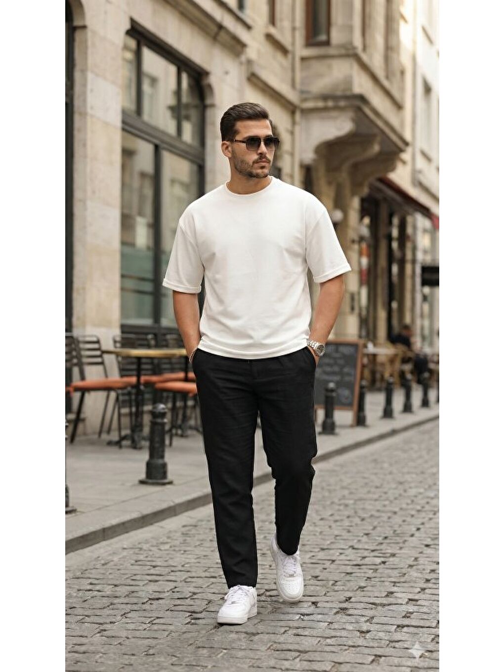 Beyaz Erkek Duble Kol Basic Tişört-3