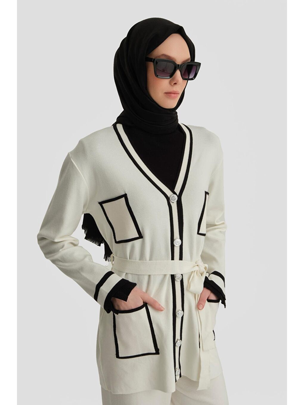 Bej Beyaz Çizgili Triko Takım 24Kd4221 Ekru-2