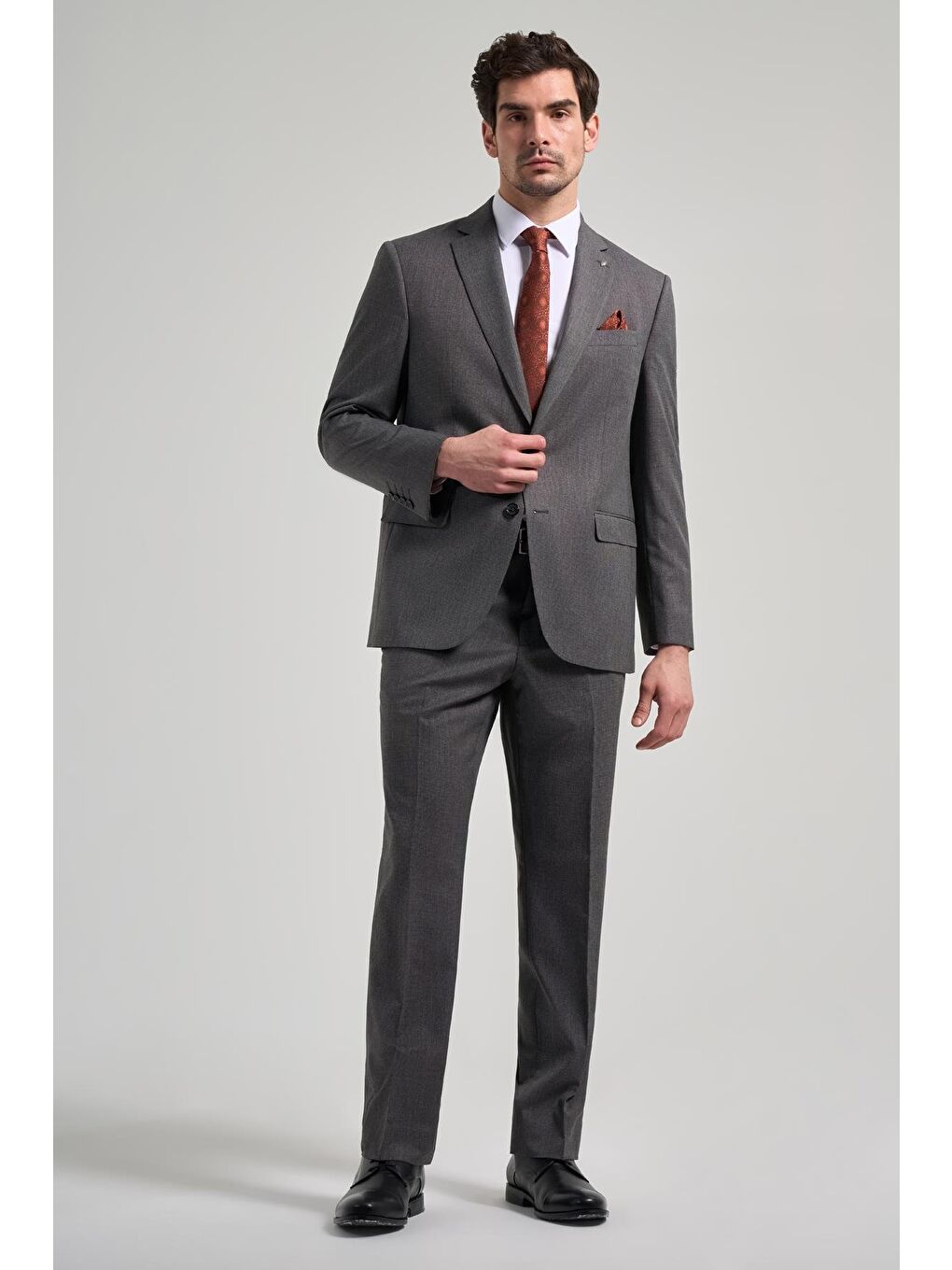 Gri Kendinden Desenli Bez Ayağı Mono Yaka Tam Astar Esnek 4 Drop Comfort Fit Takım Elbise 1001250169