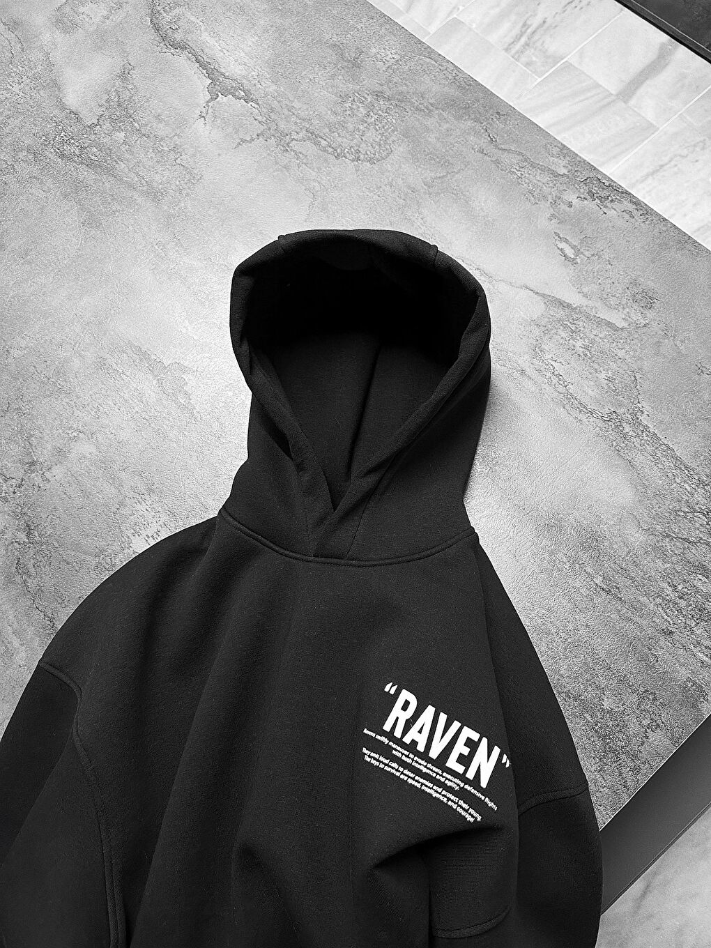 ablukaonline Erkek Oversize Raven Baskılı Premium Kapüşonlu Sweatshirt Siyah - 1