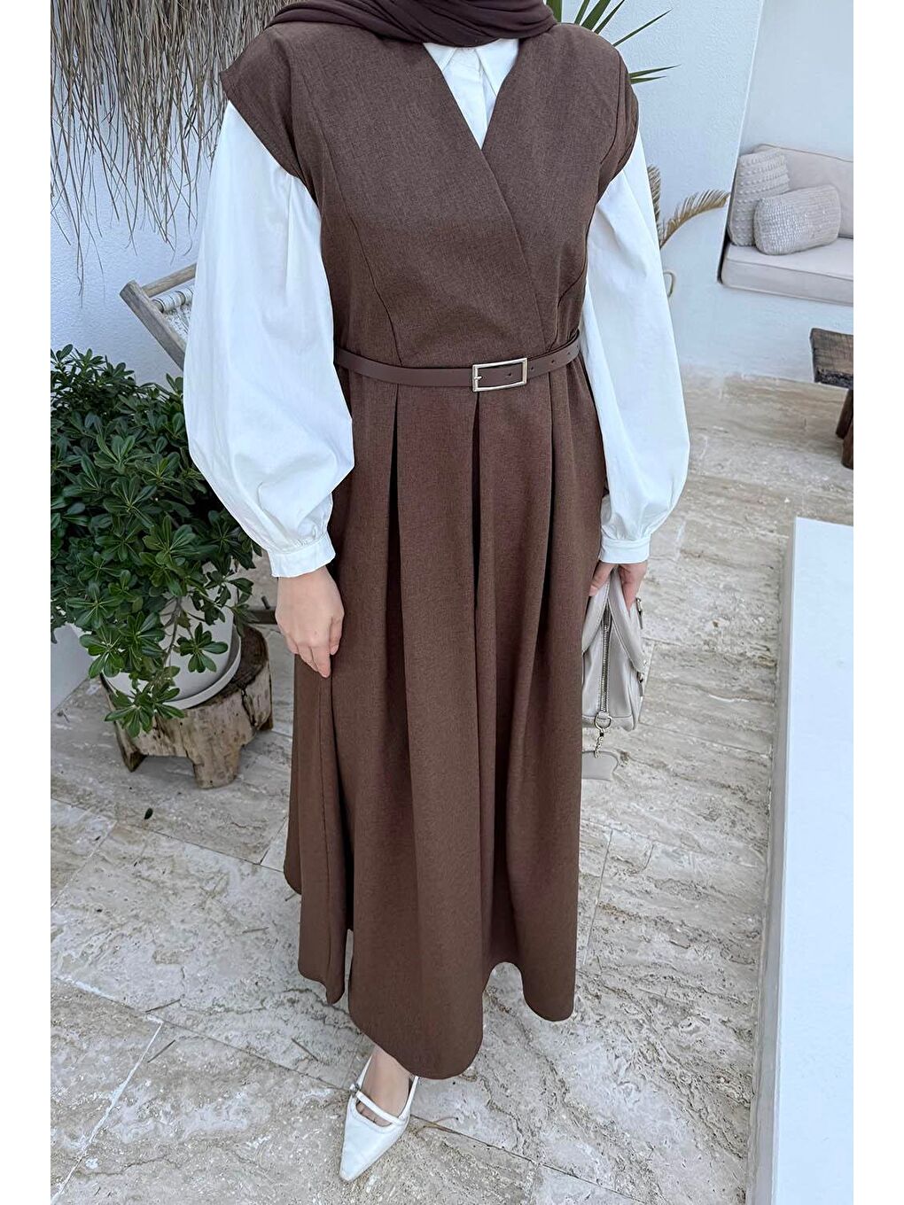 Pile Detaylı Kemerli Jile Kahverengi-2