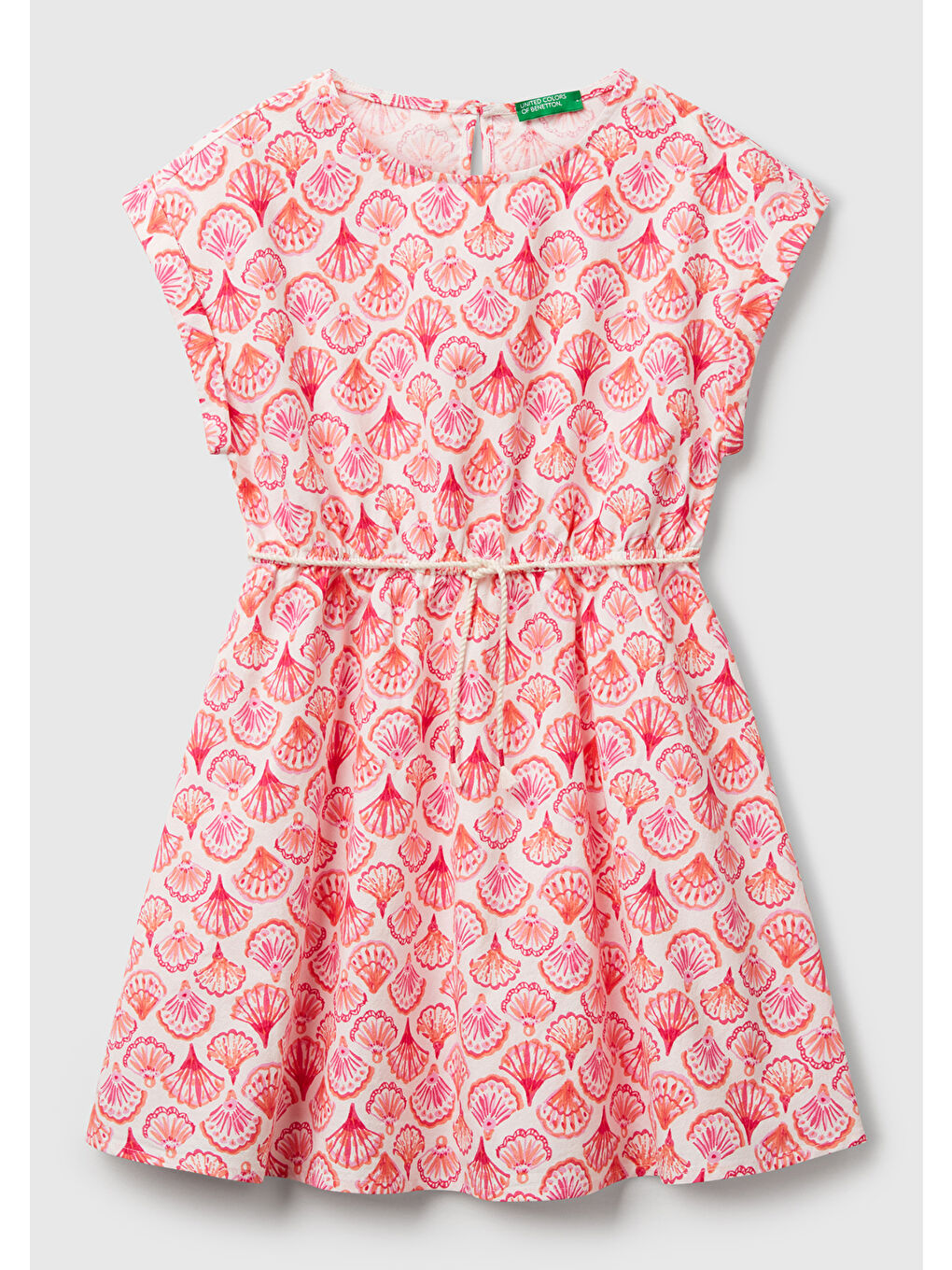 Kız Çocuk Pembe Desenli Beli Lastikli Büzgü İpli Kısa Kollu Elbise