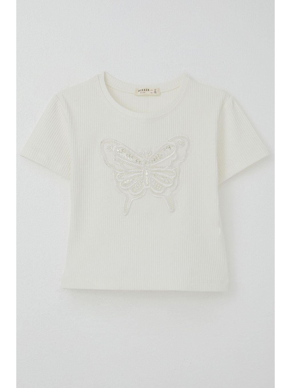 Kız Çocuk Tişört Kelebek Armalı İnci & Pul Detaylı Ekru (9-14 Yaş)