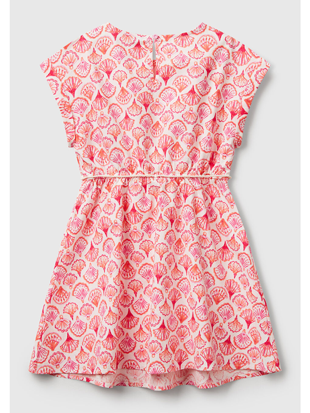 Kız Çocuk Pembe Desenli Beli Lastikli Büzgü İpli Kısa Kollu Elbise-1