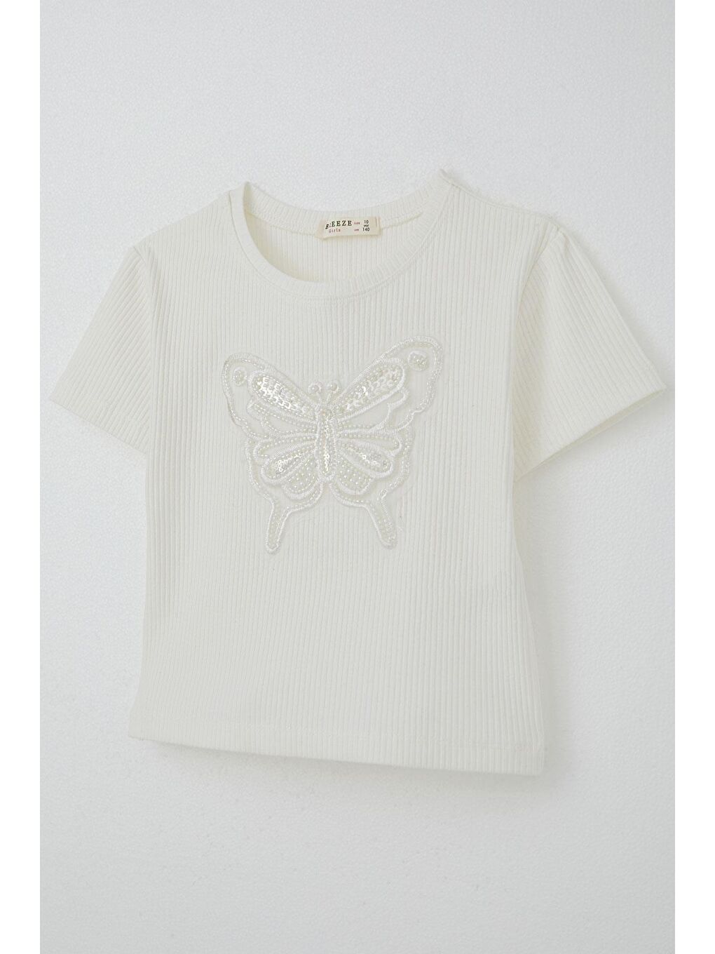 Kız Çocuk Tişört Kelebek Armalı İnci & Pul Detaylı Ekru (9-14 Yaş)-2