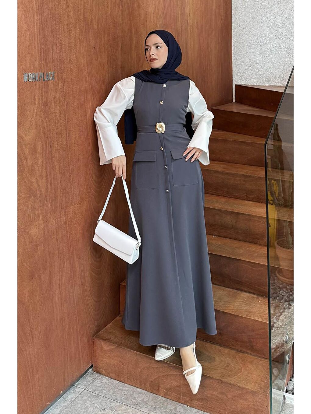 Düğme Detaylı Elbise Antrasit