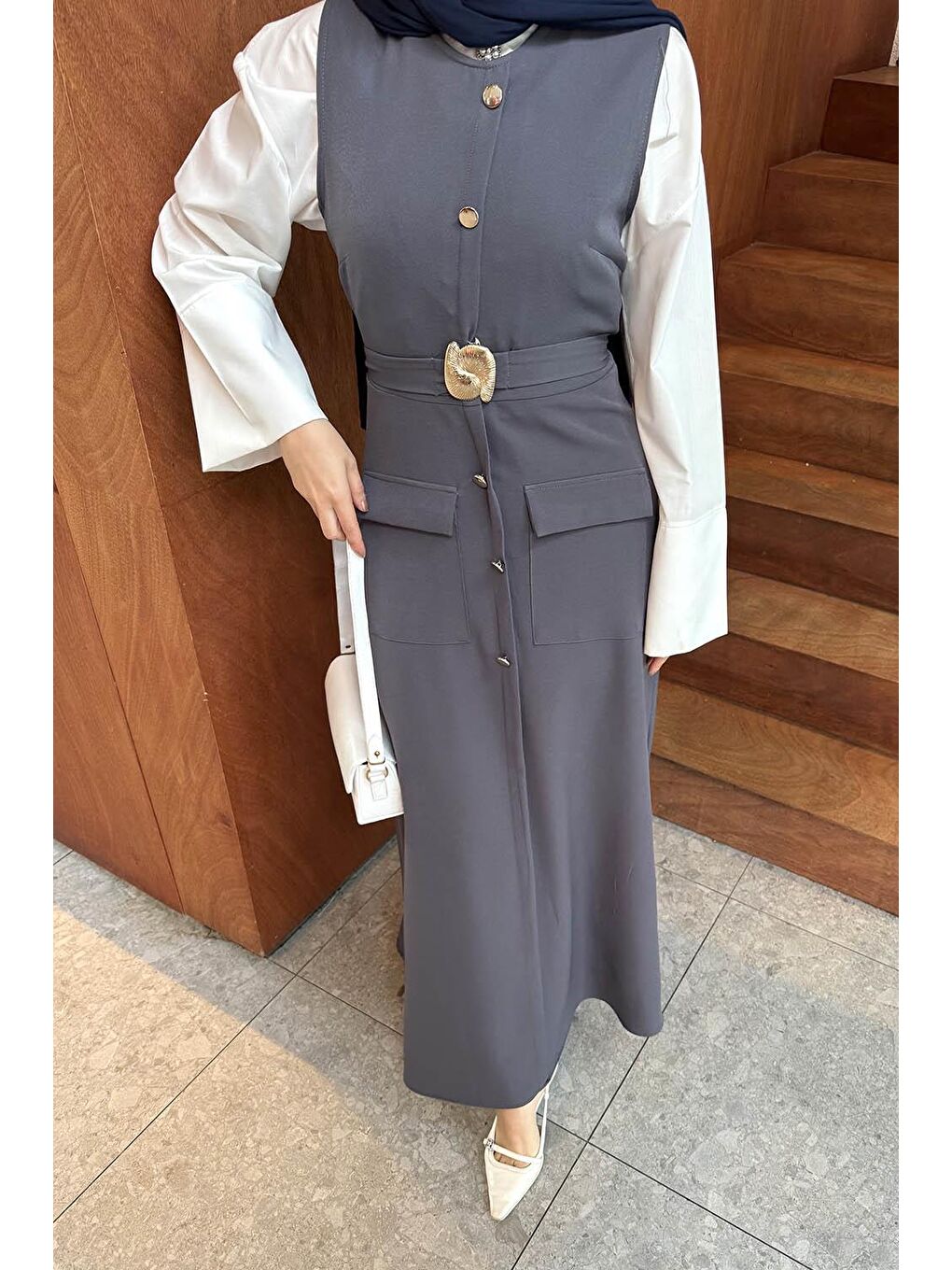 Düğme Detaylı Elbise Antrasit-2