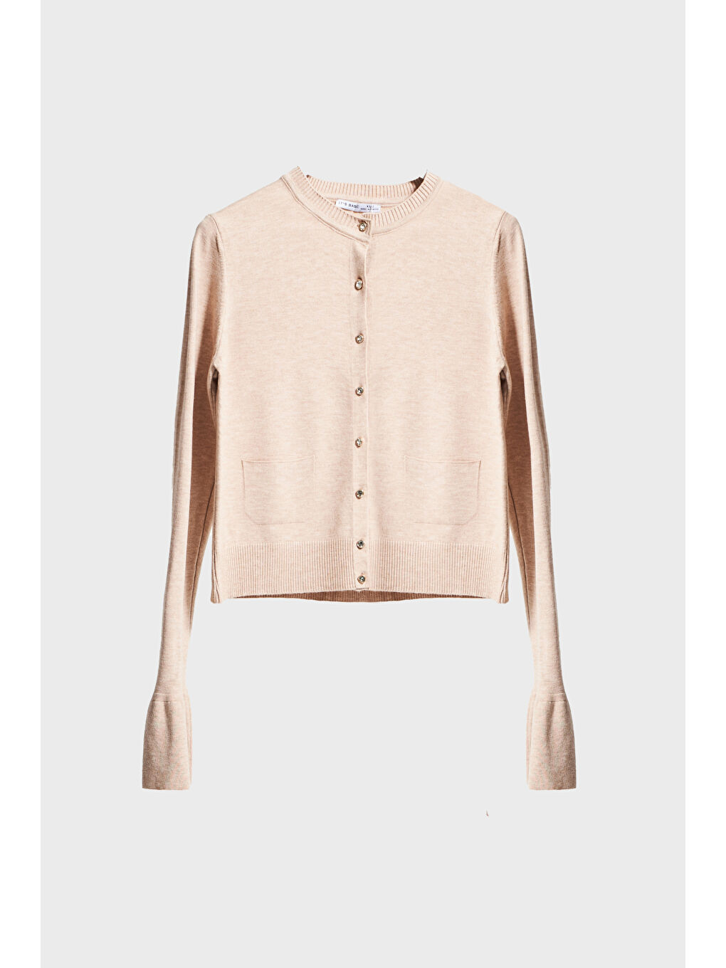 Kadın Bej Renk w5-57 Volanlı Kol Önü Cepli Düğmeli Viskon Karışımlı Triko Hırka