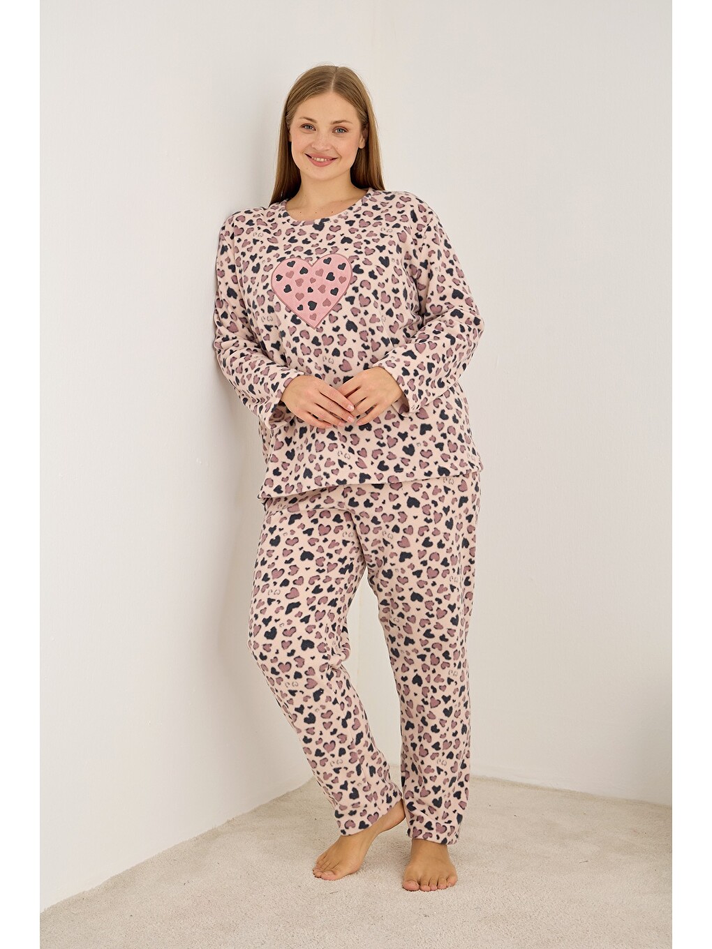 Pembe Beden Polar Kışlık Örme Pijama Takım-1