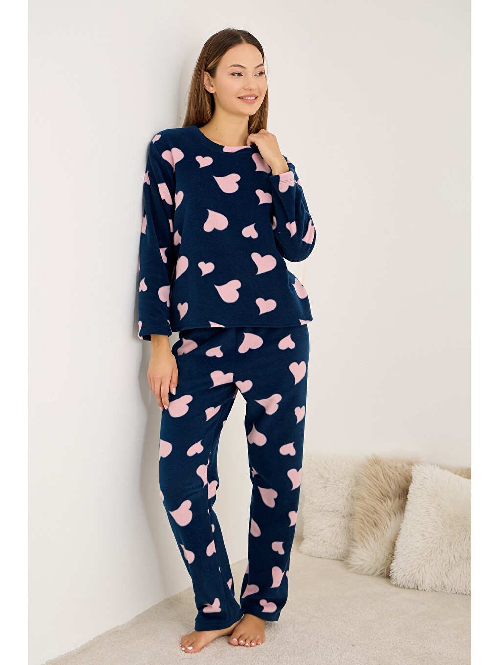 Lacivert Kalp Desenli Büyük Beden Polar Kışlık Örme Pijama Takım-1