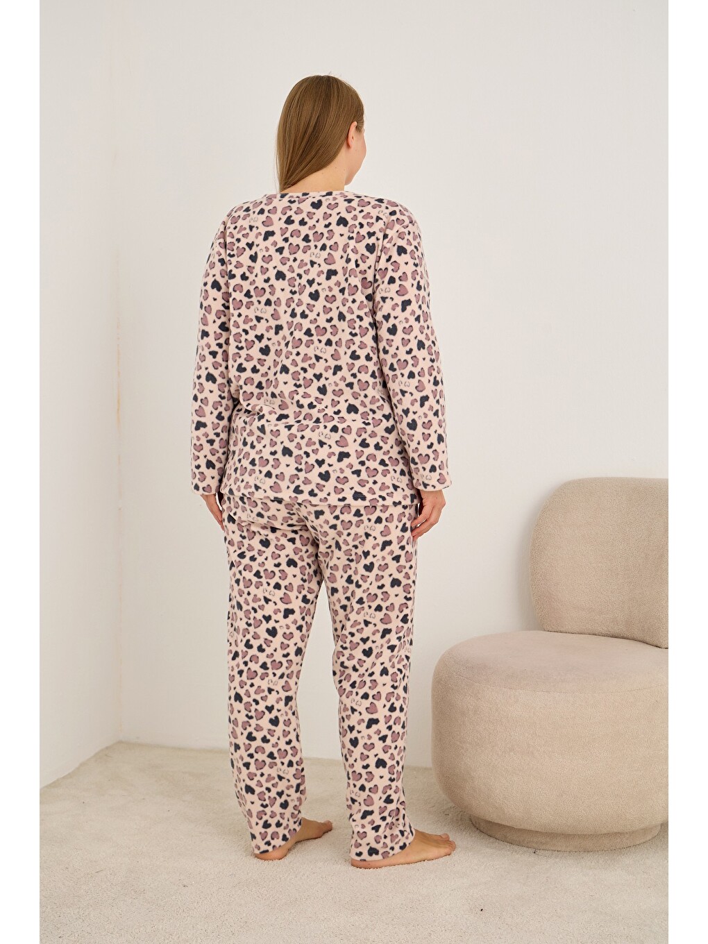 Pembe Beden Polar Kışlık Örme Pijama Takım-2
