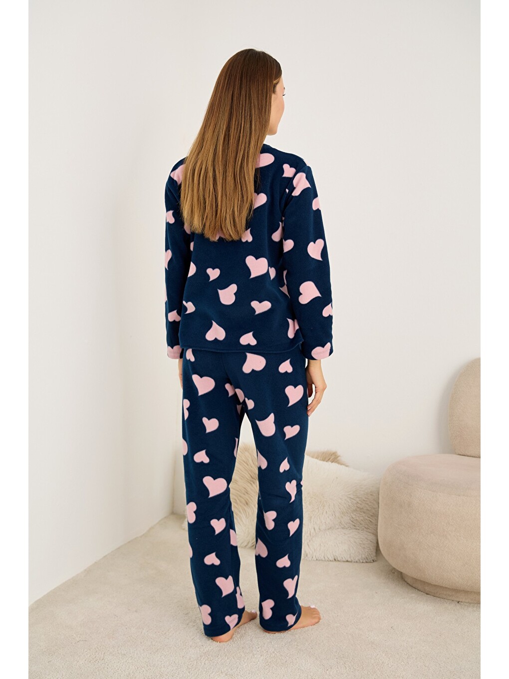 Lacivert Kalp Desenli Büyük Beden Polar Kışlık Örme Pijama Takım-2