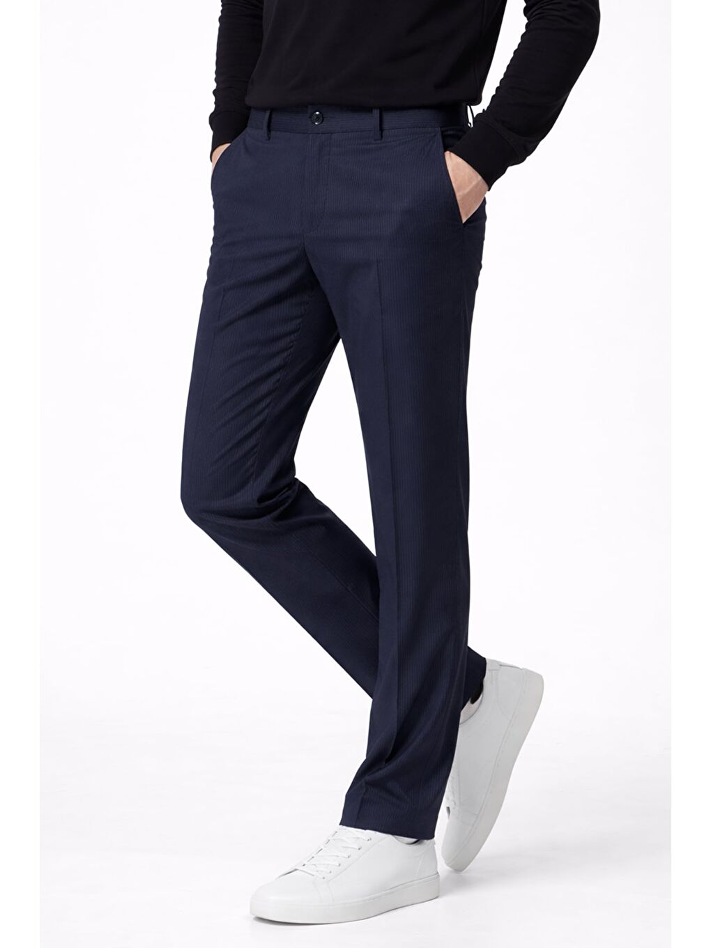 Giotelli Erkek Lacivert Dar Kesim Slim Fit Viskon Dokuma Yan Cep Normal Bel Pantolon-4