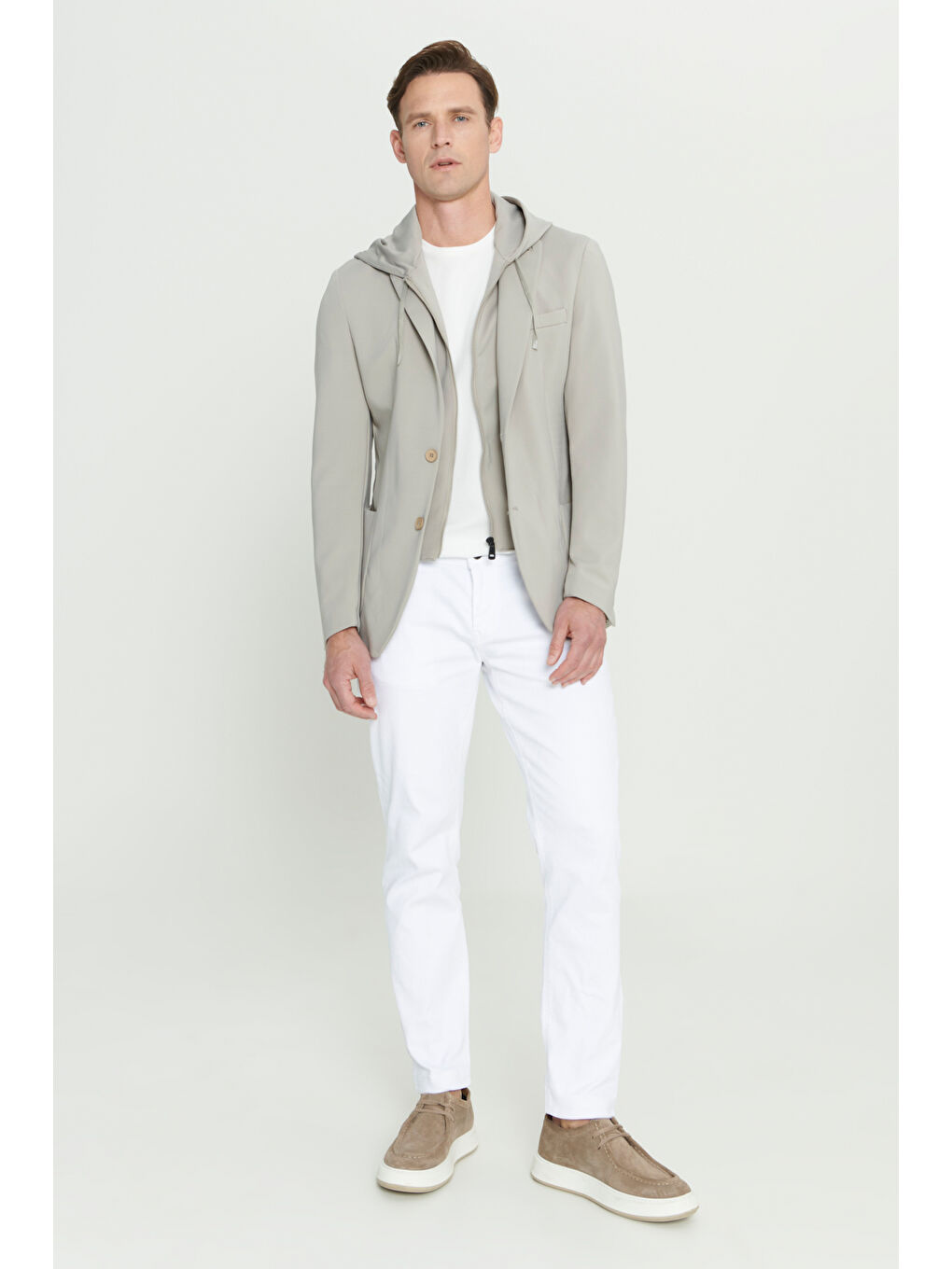 Erkek Bej Slim Fit Dar Kesim Mono Yaka Pamuklu Desenli Ceket-1