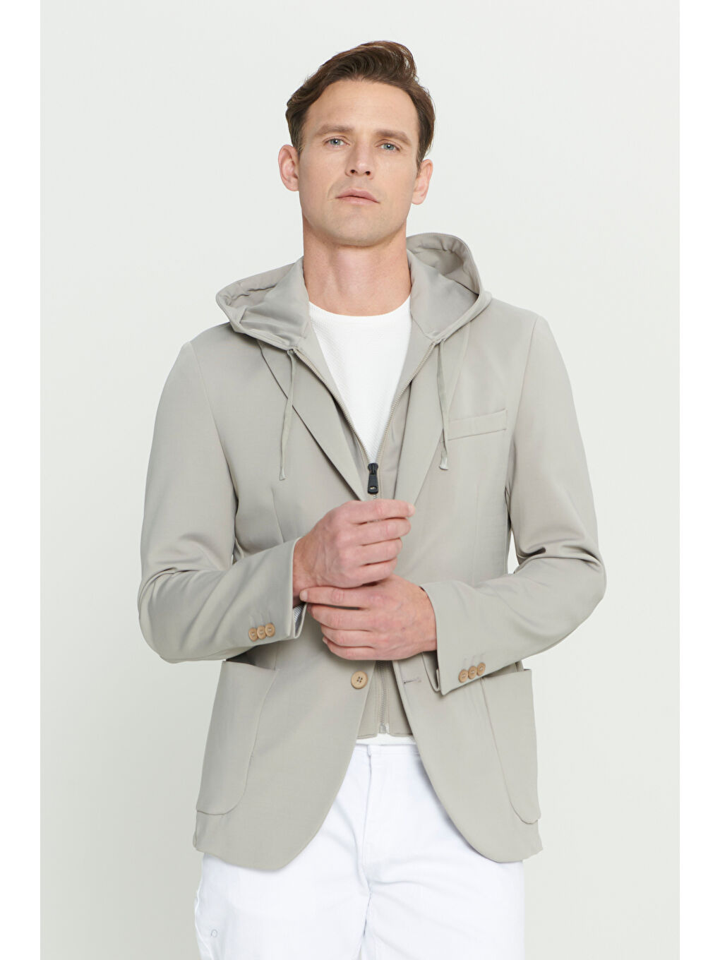 Erkek Bej Slim Fit Dar Kesim Mono Yaka Pamuklu Desenli Ceket-2