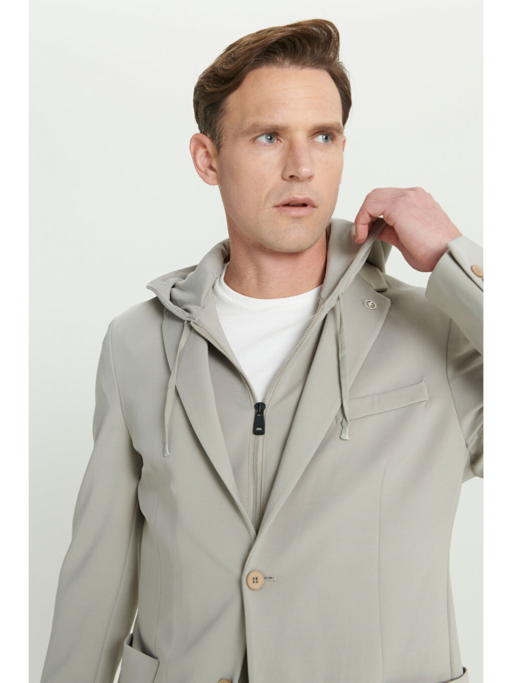 Erkek Bej Slim Fit Dar Kesim Mono Yaka Pamuklu Desenli Ceket-3