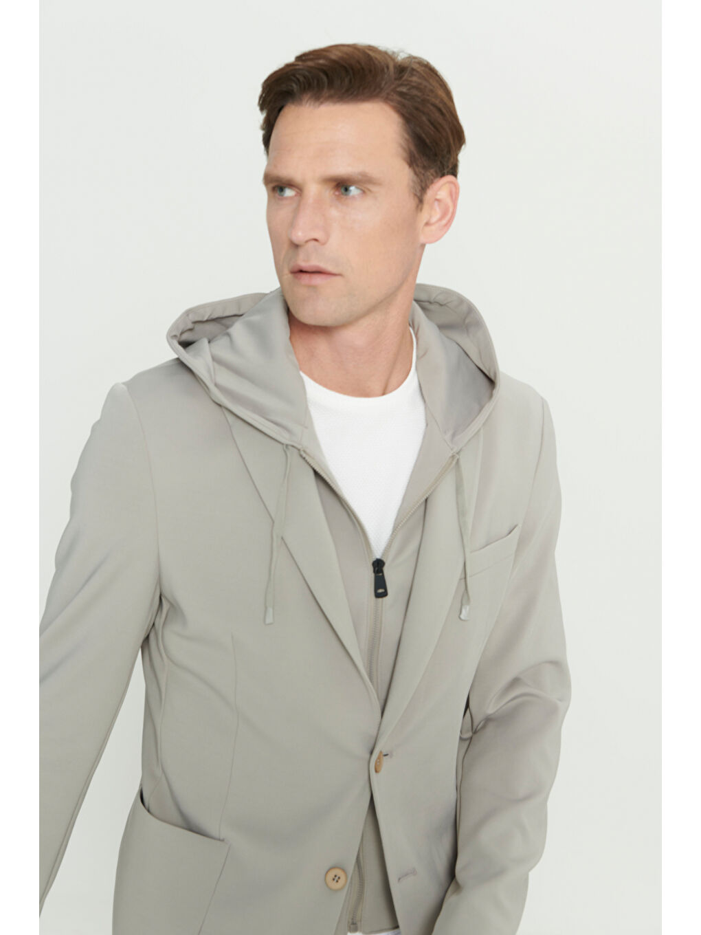 Erkek Bej Slim Fit Dar Kesim Mono Yaka Pamuklu Desenli Ceket-5