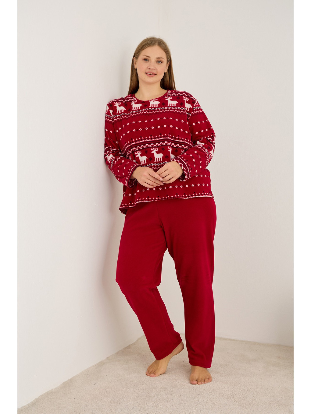 Bordo Geyik Desenli Büyük Beden Polar Kışlık Örme Pijama Takım-1