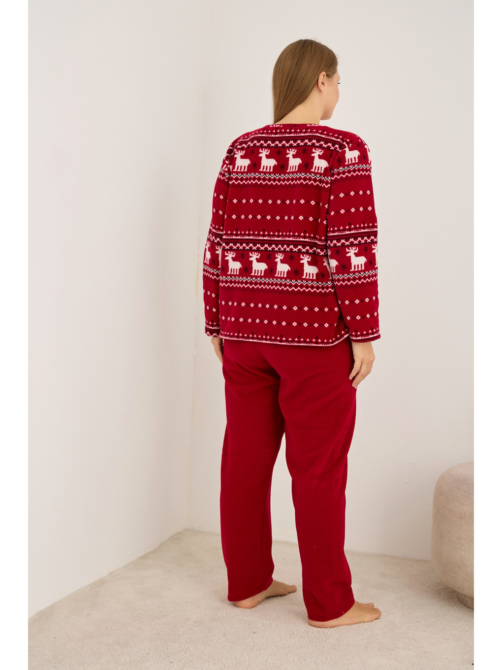 Bordo Geyik Desenli Büyük Beden Polar Kışlık Örme Pijama Takım-2