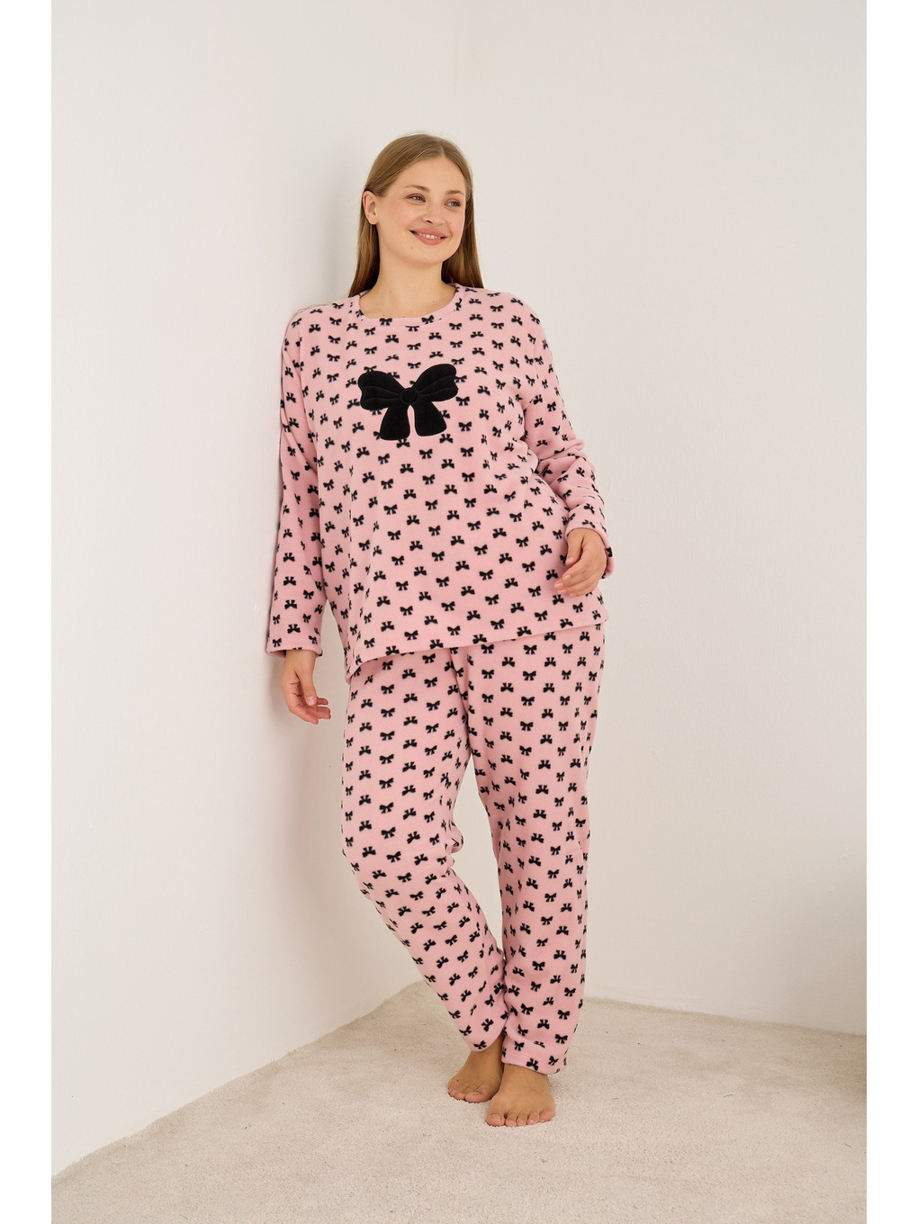 Pembe Beden Polar Kışlık Örme Pijama Takım-1
