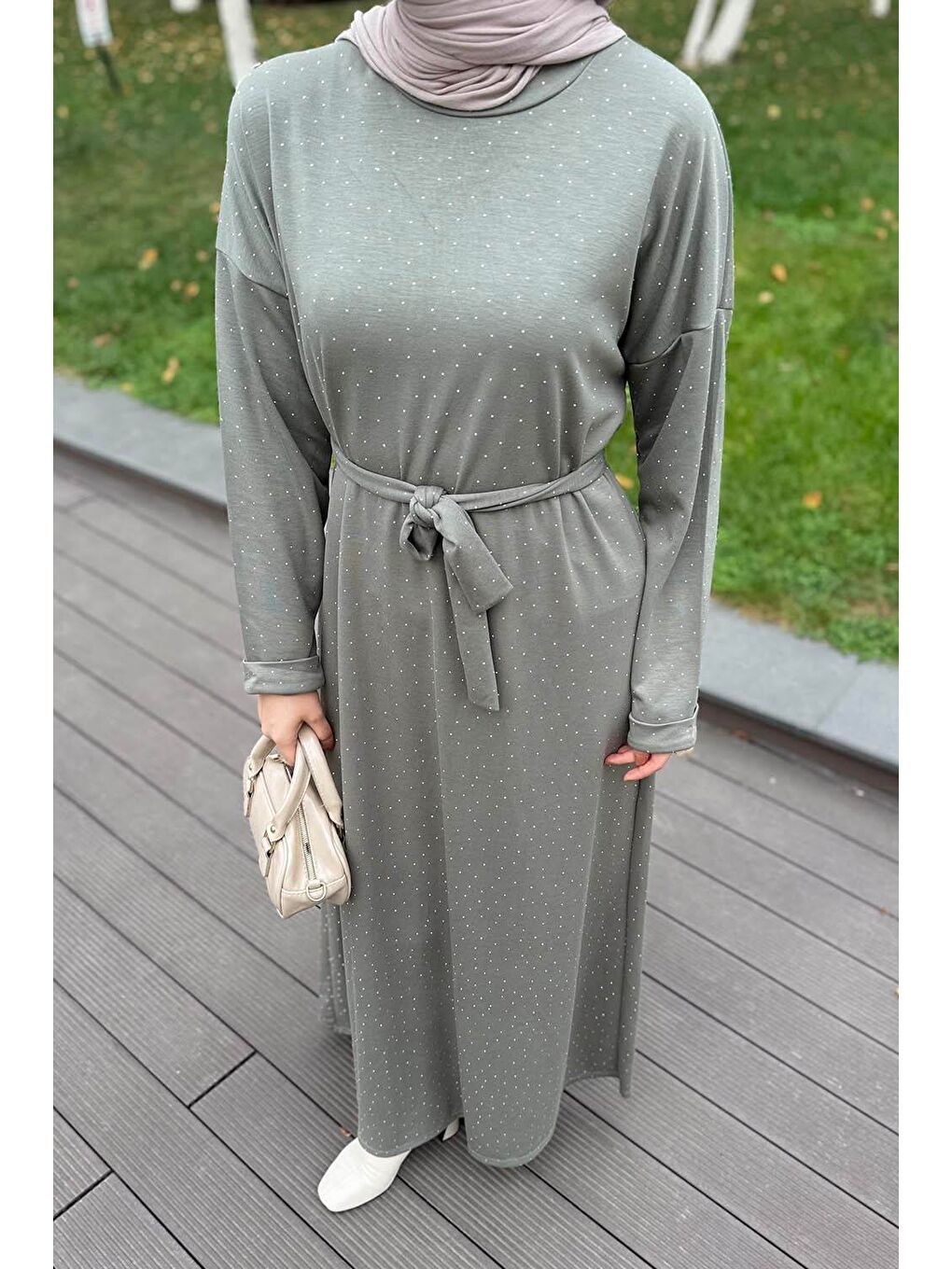 Taş Detaylı Tesettür Elbise Haki-2