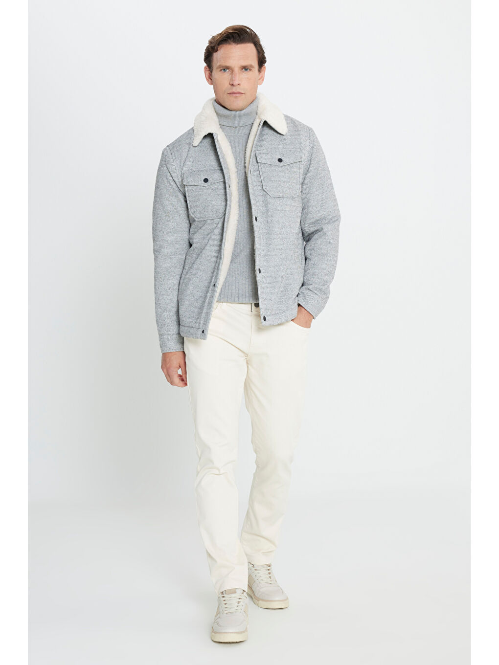 Erkek Gri-Ekru Standart Fit Normal Kesim Gömlek Yaka Desenli Mont-1