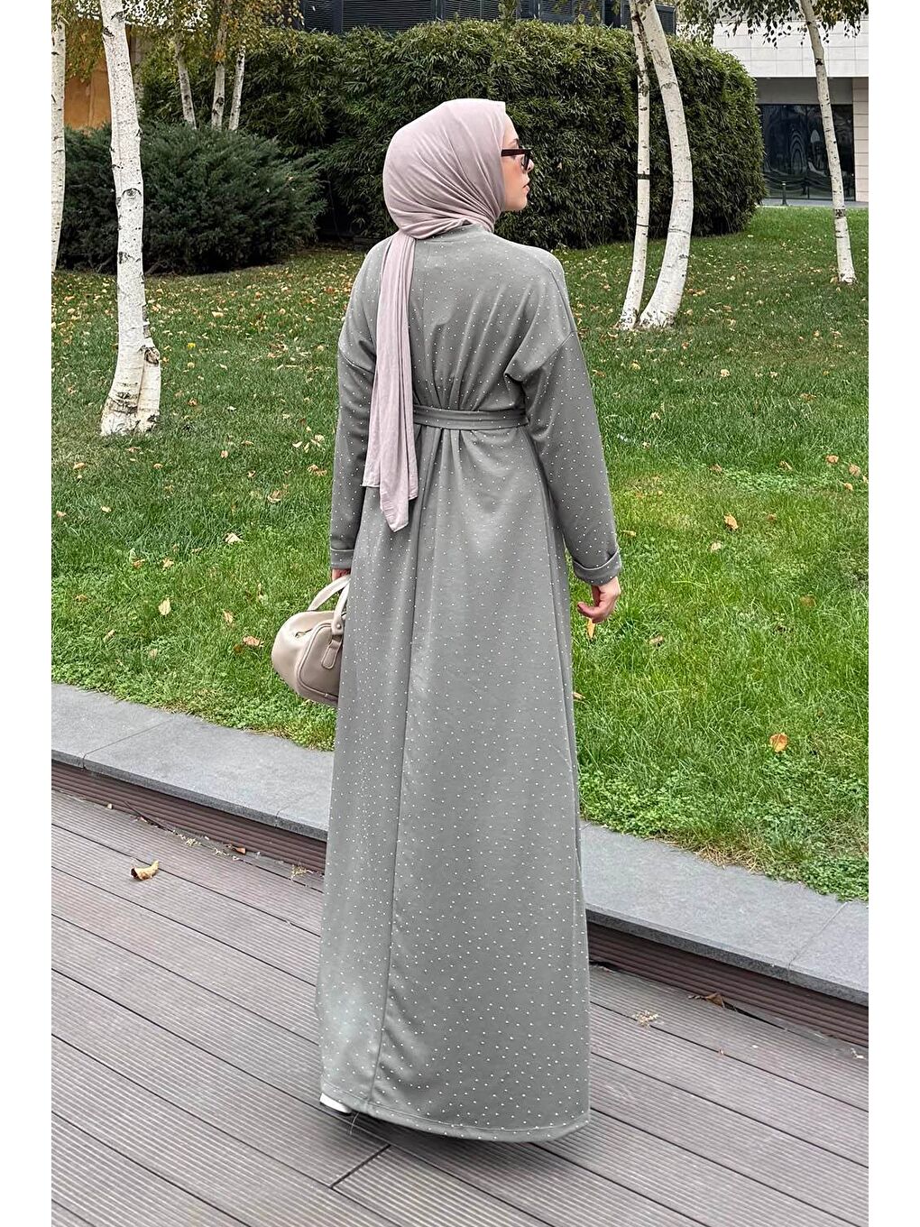Taş Detaylı Tesettür Elbise Haki-3
