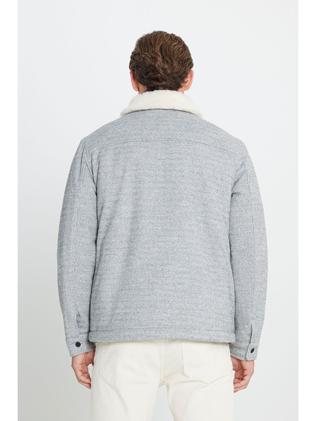 Erkek Gri-Ekru Standart Fit Normal Kesim Gömlek Yaka Desenli Mont-4