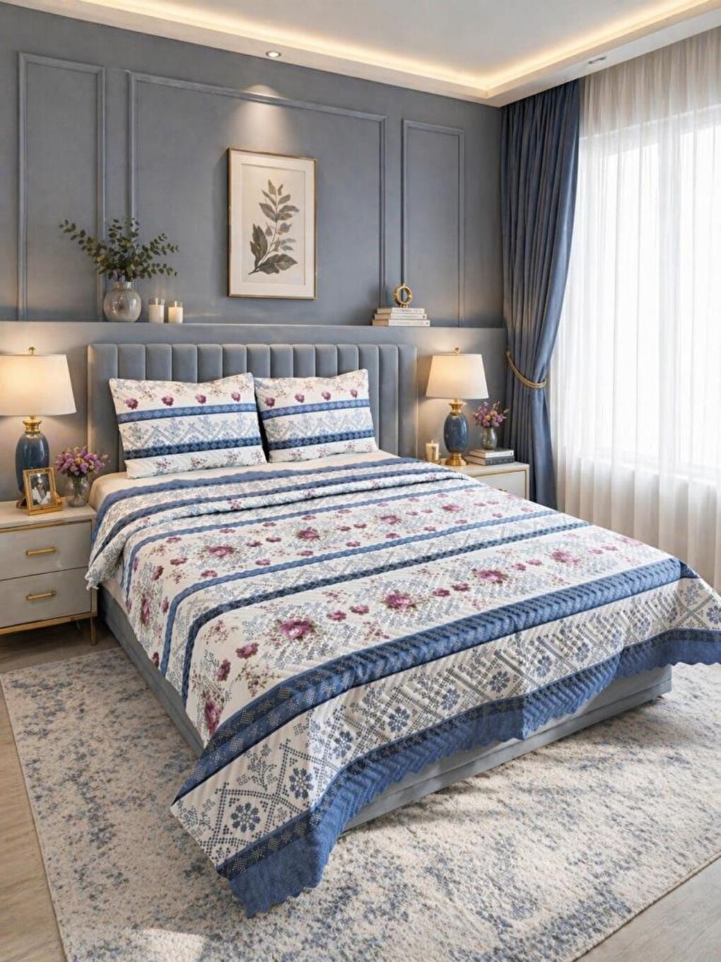Ultrasonik Kapitoneli Rossera Çift Kişilik Pike Takımı 195x235 cm Mavi