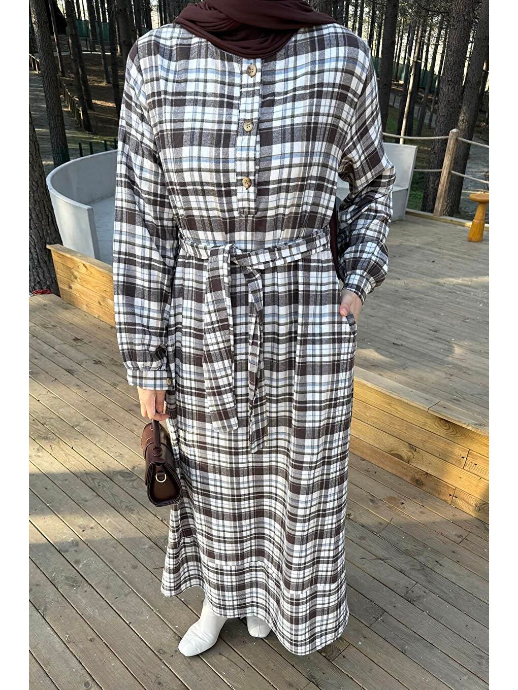 Bej Ekose Desen Elbise Taş-2