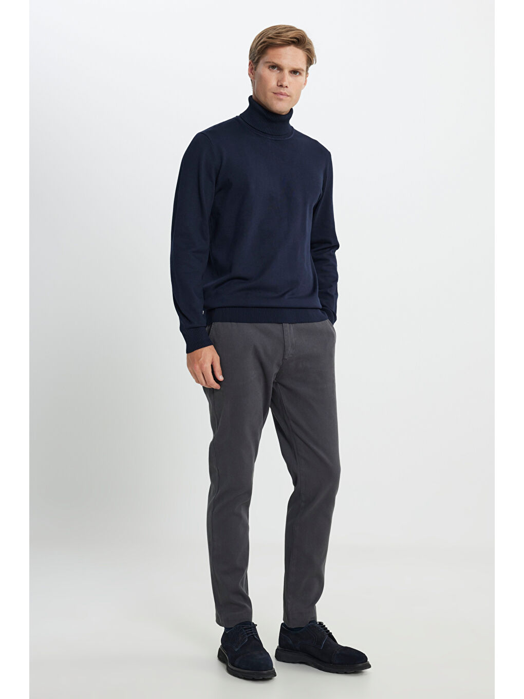 Erkek Lacivert Standart Fit Normal Kesim Tam Balıkçı Yaka Triko Kazak-1