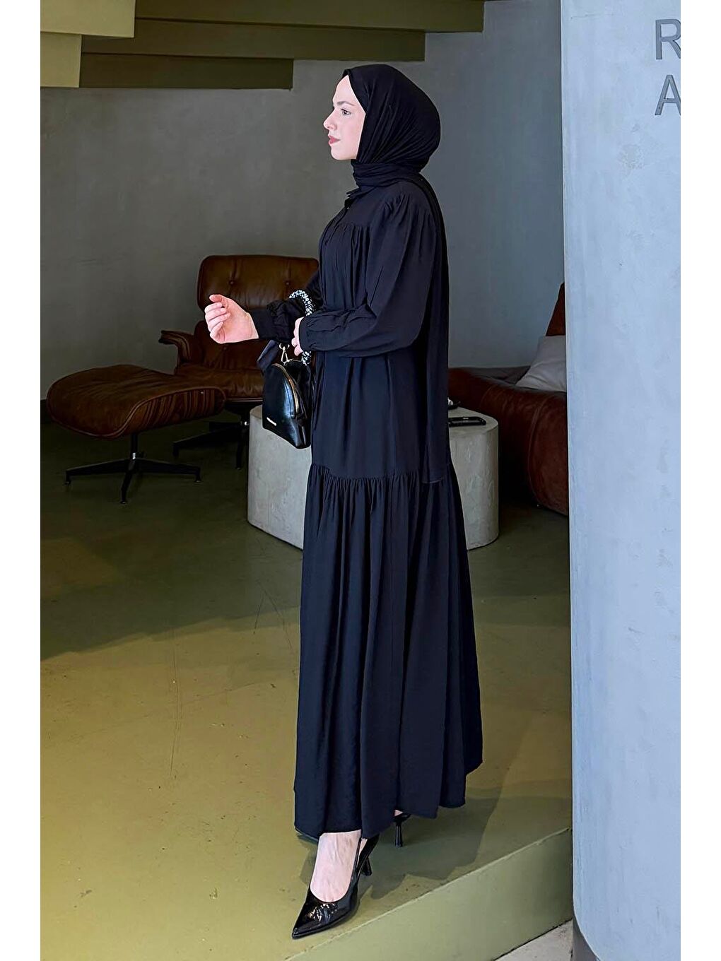 Bağlama Detaylı Tesettür Elbise Siyah-1