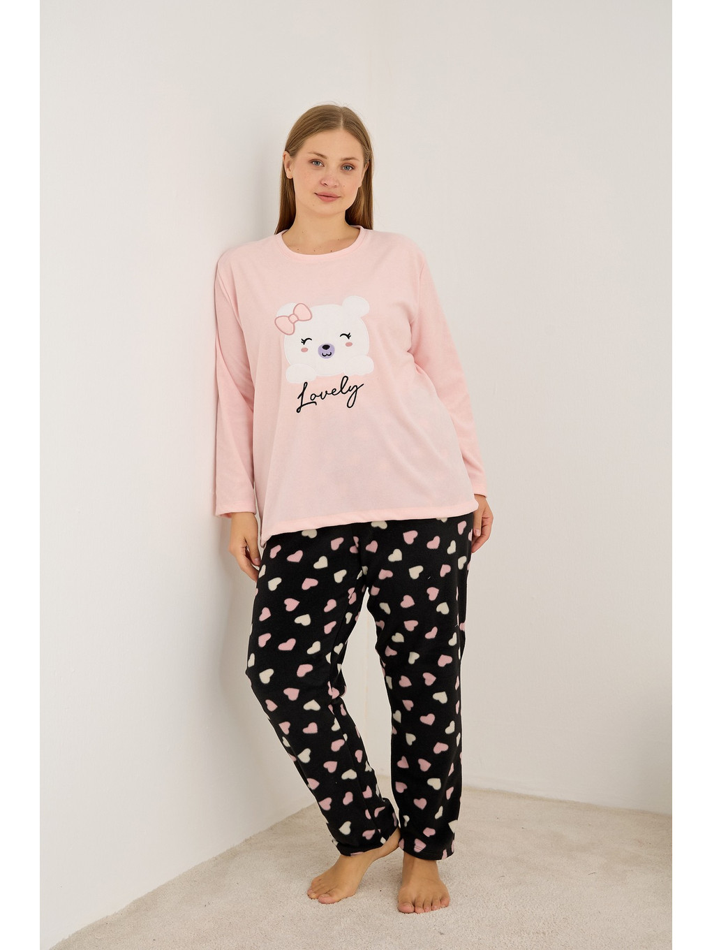 Pembe Aycık Nakışlı Büyük Beden Polar Kışlık Örme Pijama Takım-1
