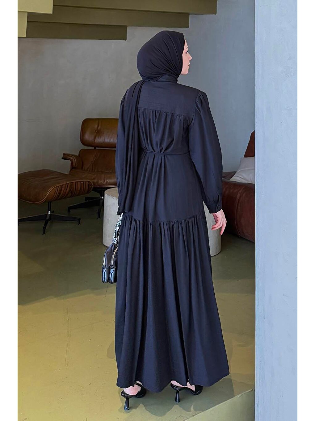 Bağlama Detaylı Tesettür Elbise Siyah-3