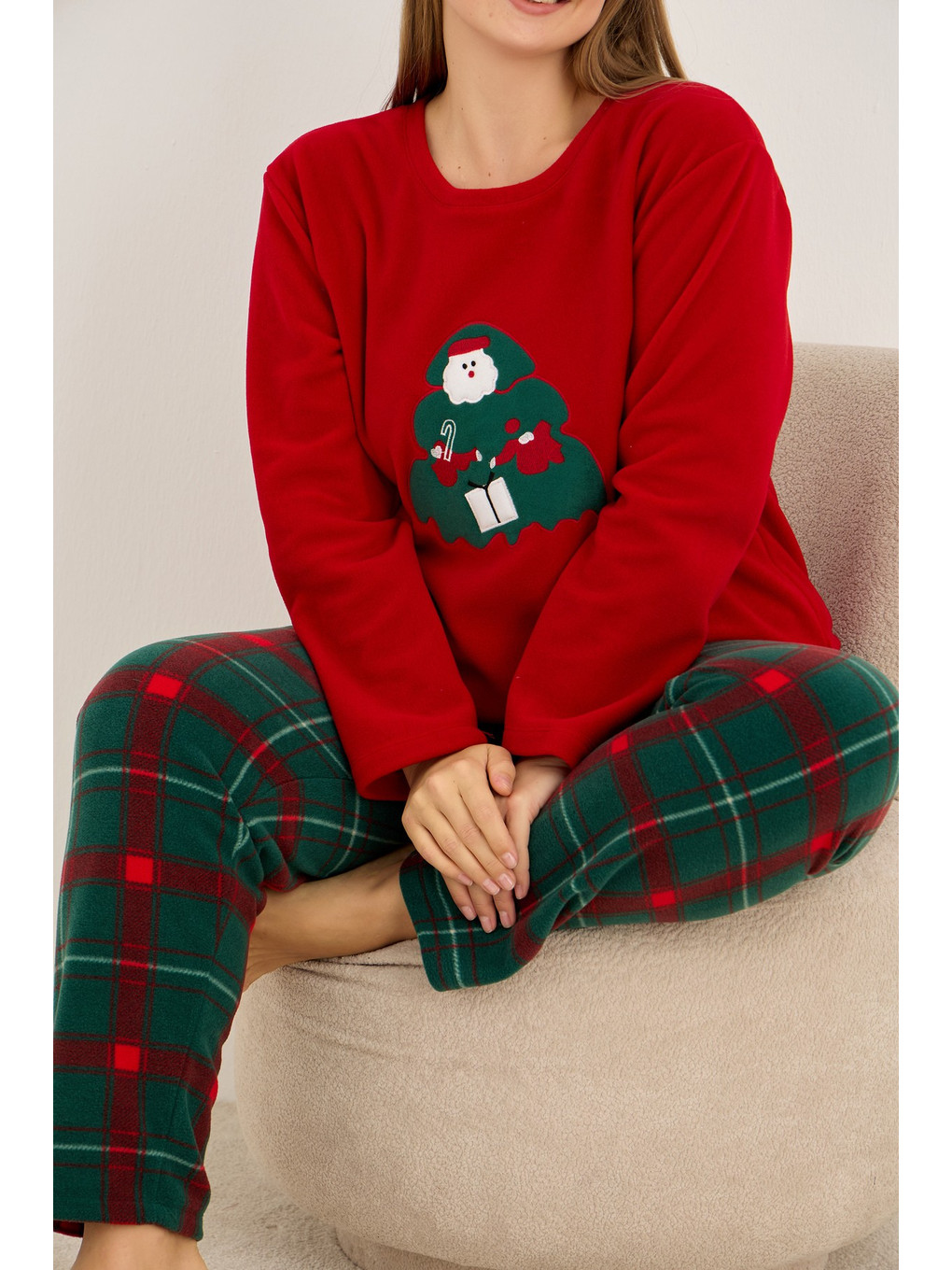Karışık Yılbaşı Temalı Nakışlı Ekoseli Büyük Beden Polar Kışlık Örme Pijama Takım