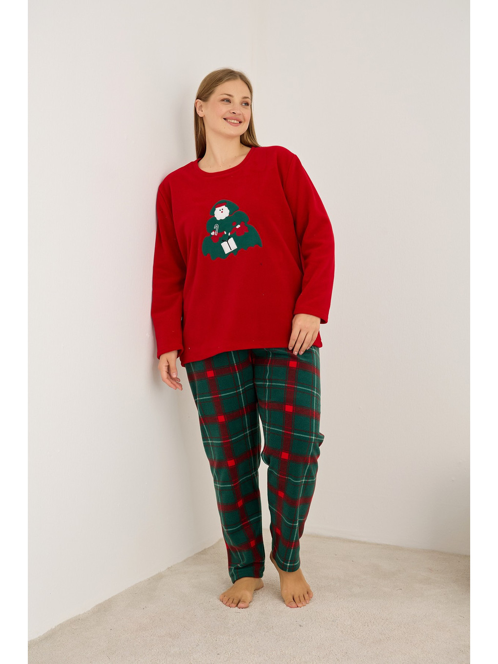 Karışık Yılbaşı Temalı Nakışlı Ekoseli Büyük Beden Polar Kışlık Örme Pijama Takım-1