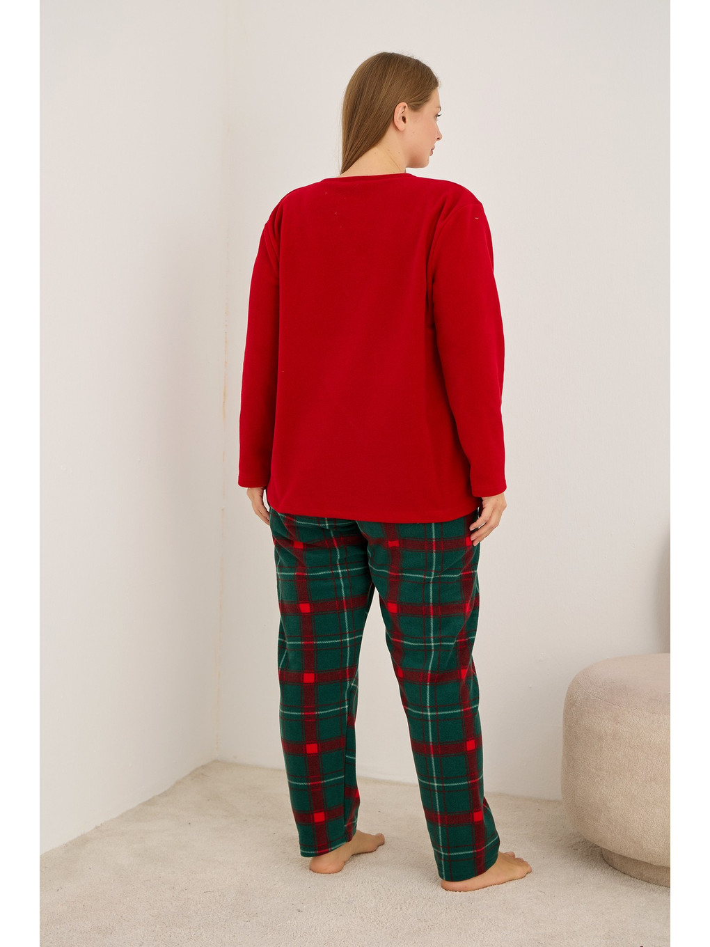 Karışık Yılbaşı Temalı Nakışlı Ekoseli Büyük Beden Polar Kışlık Örme Pijama Takım-2