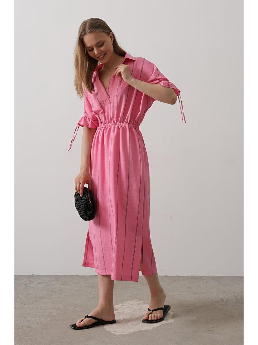 Beli Lastikli Elbise - Pembe-1