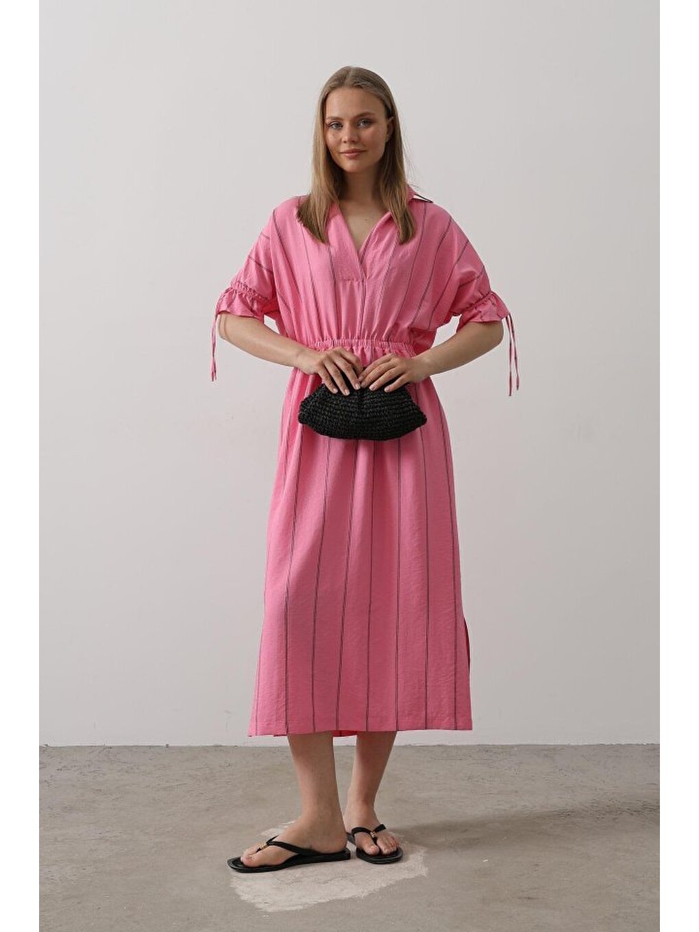 Beli Lastikli Elbise - Pembe-2