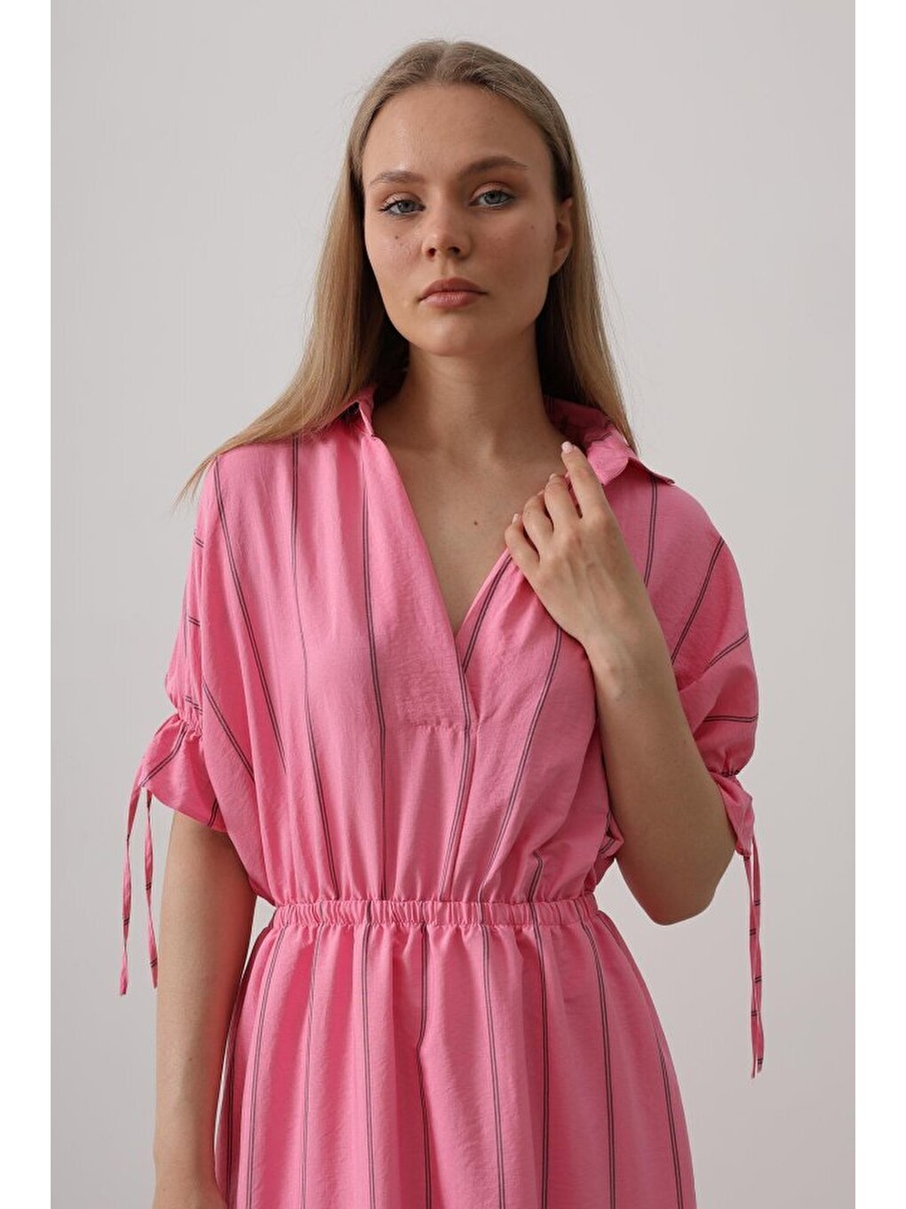 Beli Lastikli Elbise - Pembe-3