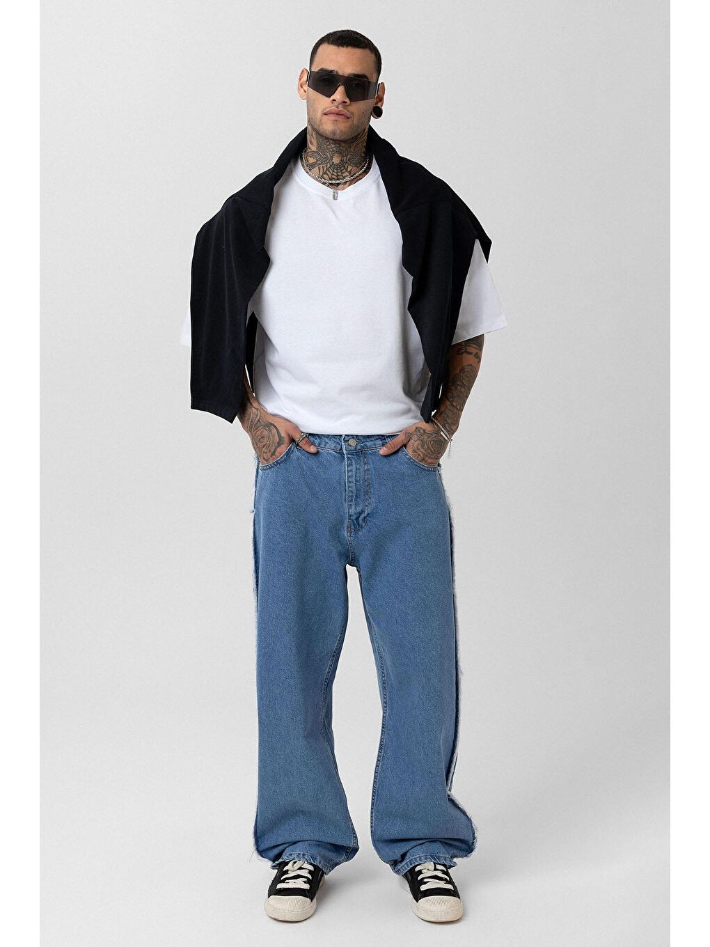 Yan Dikiş Detaylı Baggy Jean Mavi