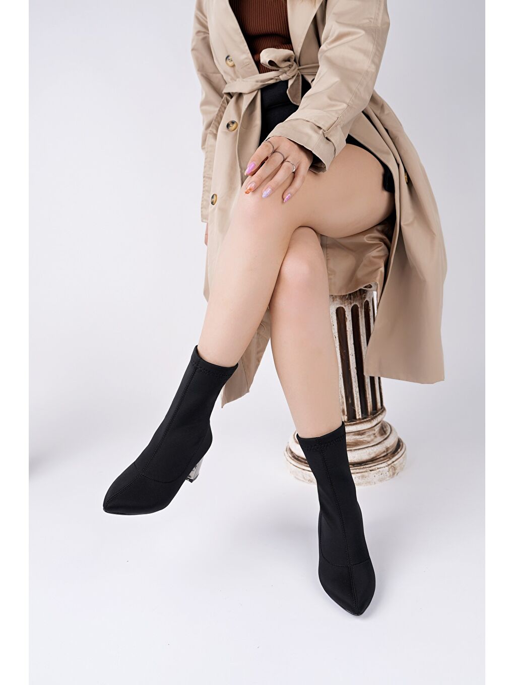 Siyah GRANDE Sivri Burun Kalın Topuklu Kadın Streç Bot-2