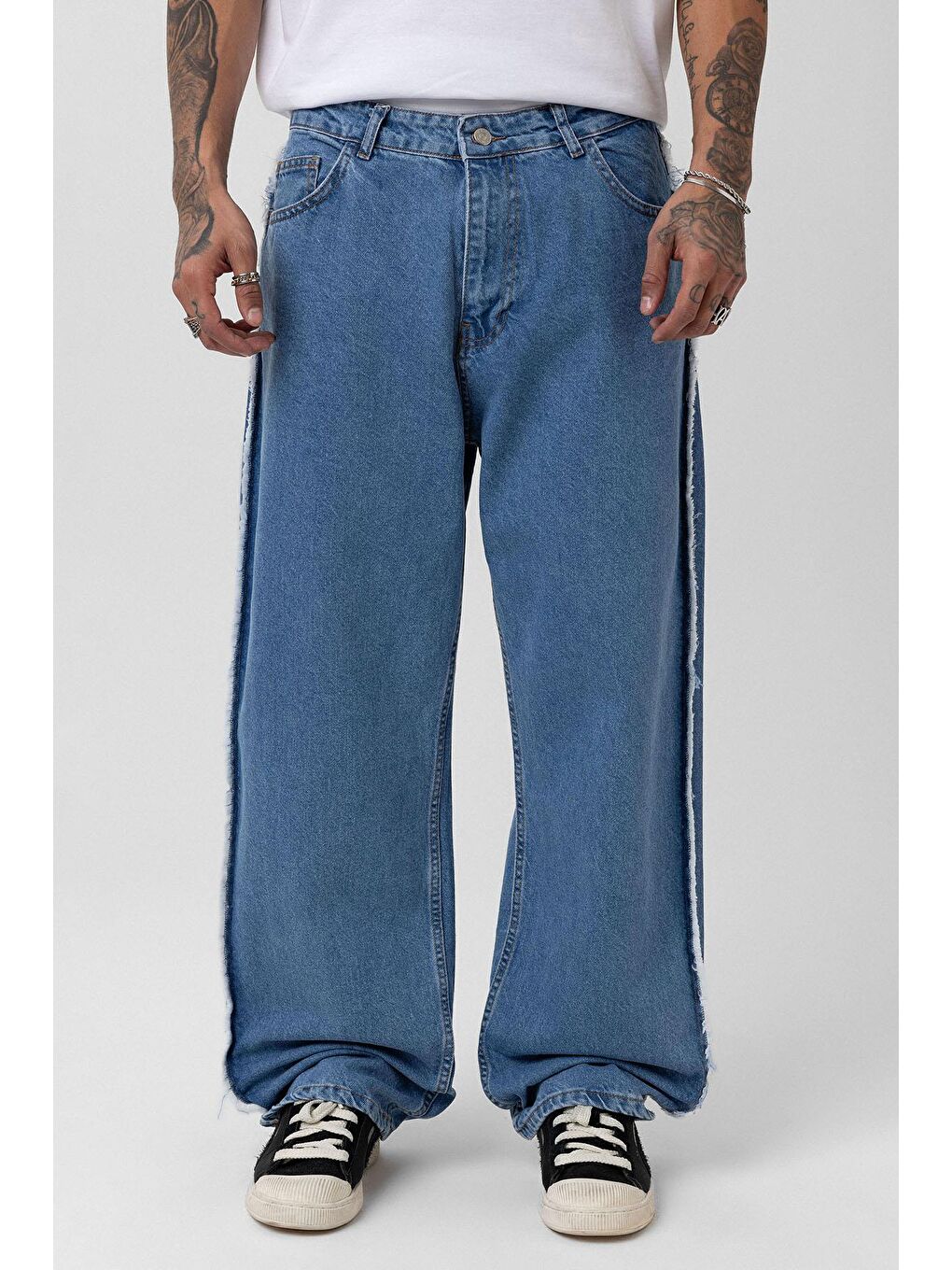 Yan Dikiş Detaylı Baggy Jean Mavi-1