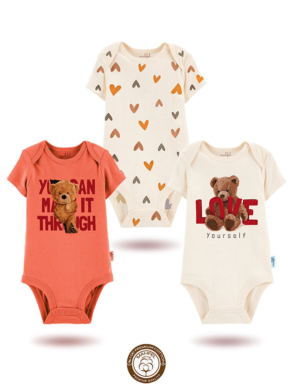 Ekru 3'Lü %100 Pamuklu Organik Baskılı Kısa Kollu Çıtçıtlı Bebek Body Zıbın 30-16