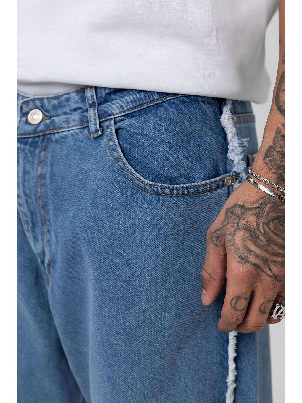 Yan Dikiş Detaylı Baggy Jean Mavi-4