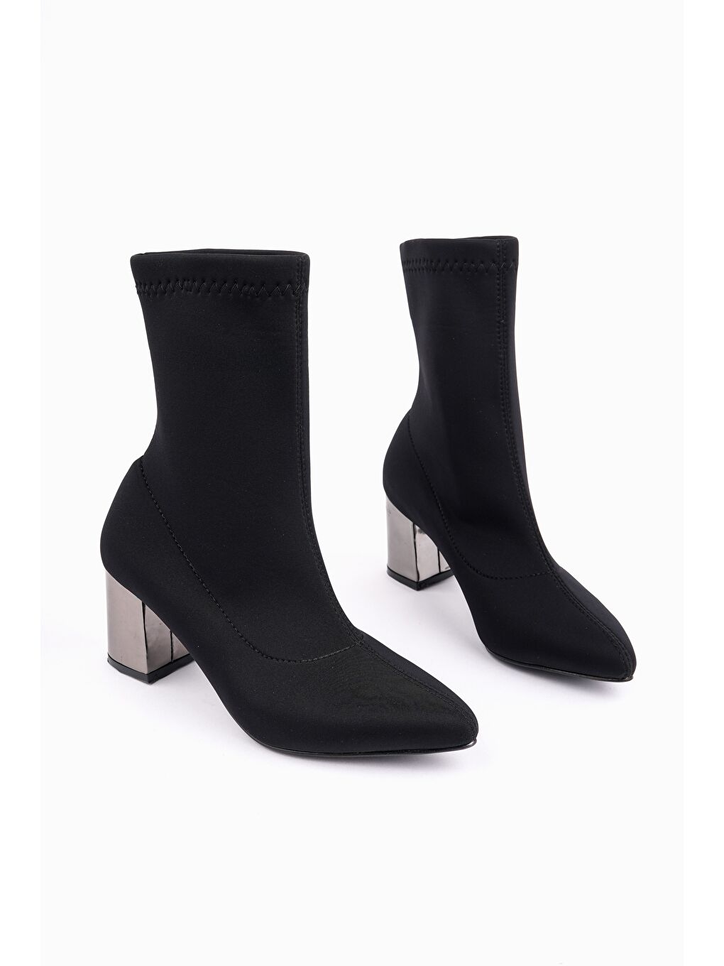 Siyah GRANDE Sivri Burun Kalın Topuklu Kadın Streç Bot-4