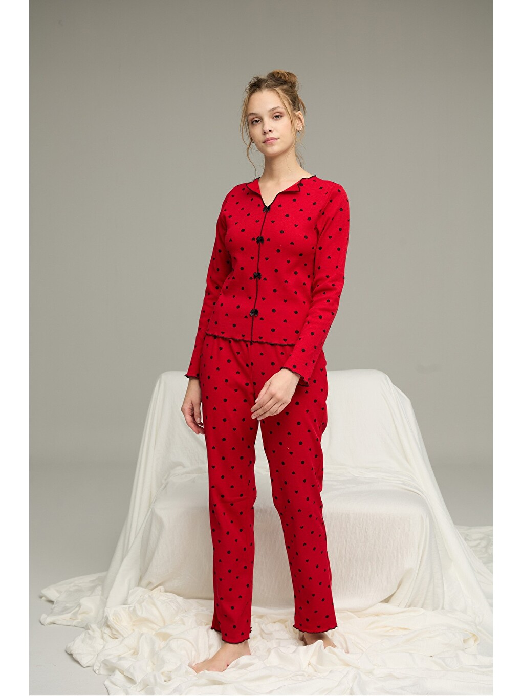 Kırmızı Pamuklu Fiyonklu Fitilli Örme Pijama Takım25226004-2-1