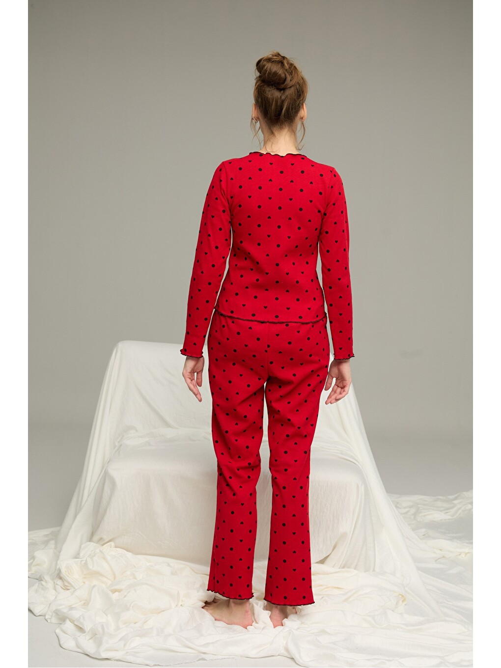 Kırmızı Pamuklu Fiyonklu Fitilli Örme Pijama Takım25226004-2-2