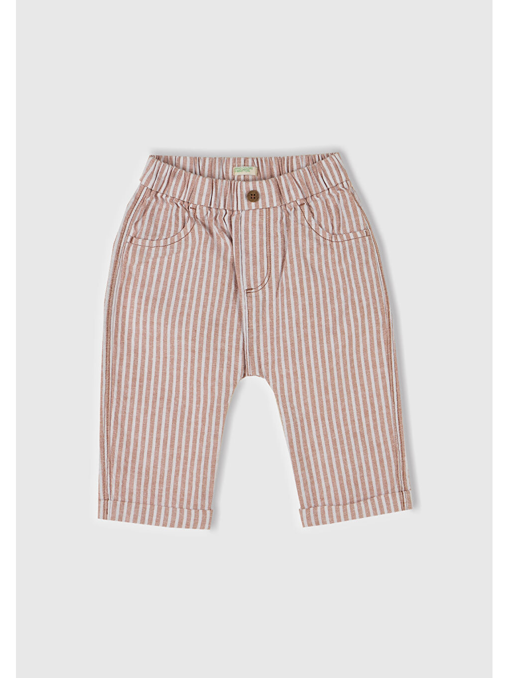 Bebek Bej Çizgili Arkası Logolu Yama Cepli Beli Lastikli Pantolon